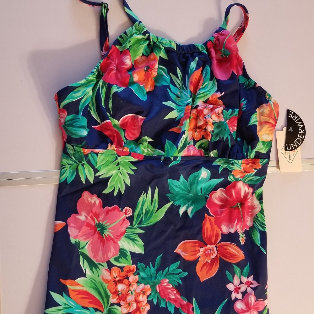 navy with floral print tankini swim top